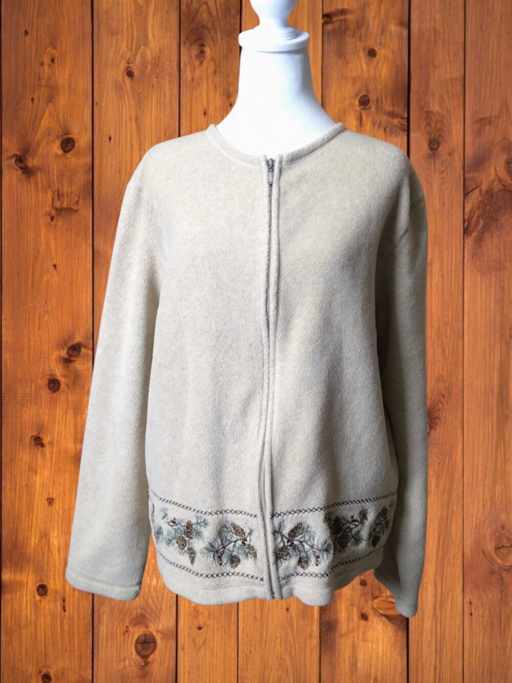 Holiday Zip Up Cardigan Women's XL Christmas Embroidered Pine Cone Cabin Cozy